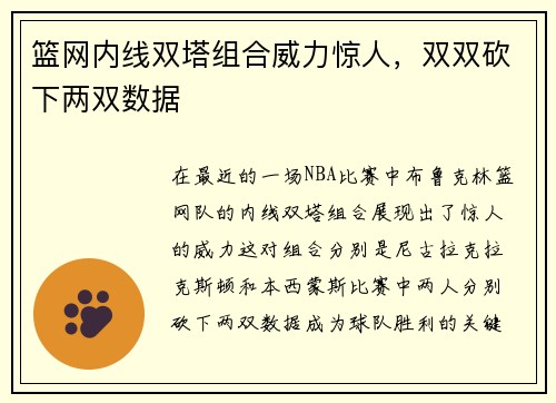 篮网内线双塔组合威力惊人，双双砍下两双数据